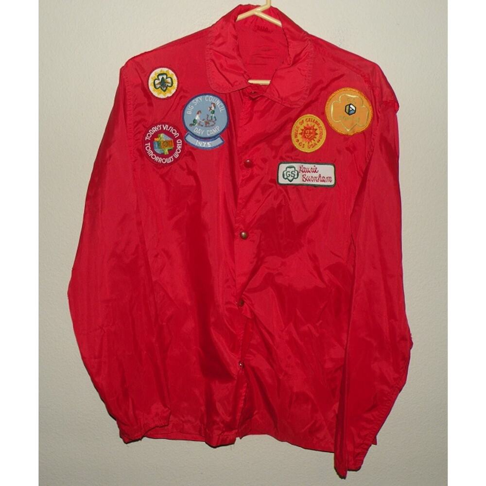 Vintage 70’s Girl Scouts Red Nylon Snap Jacket With Patches